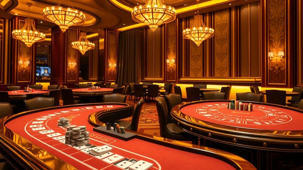 ภาพการเล่นบาคาร่าบนโต๊ะหรูหรา พร้อมชิปและไพ่