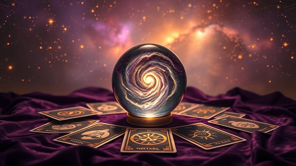 ลูกแก้ววิเศษแสดงเลขหวย ท่ามกลางแผนผังโหราศาสตร์