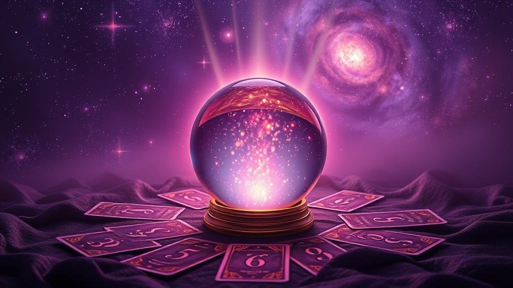 ไพ่ทาโรต์ แสดงภาพนักพยากรณ์กับลูกแก้วคริสตัลที่เต็มไปด้วยตัวเลข