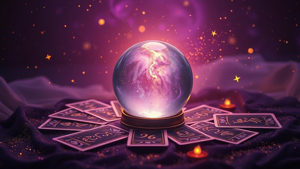 นักพยากรณ์ผู้ทรงภูมิชี้ไปยังลูกแก้ววิเศษที่แสดงเลขเด็ดและสัญลักษณ์โหราศาสตร์