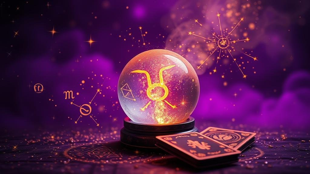 ไพ่ทาโรต์แสดงสัญลักษณ์โหราศาสตร์และตัวเลขที่ส่องแสงท่ามกลางหมู่ดาว