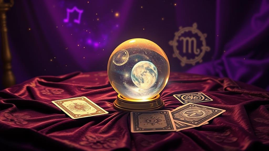 แผนผังจักรราศีพร้อมสัญลักษณ์ดาว และลูกแก้วทำนายโชค