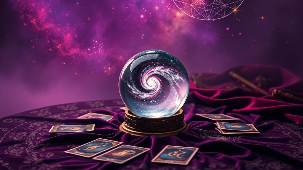 มือถือลูกแก้วคริสตัลเรืองแสง แสดงตัวเลขและสัญลักษณ์ราศี