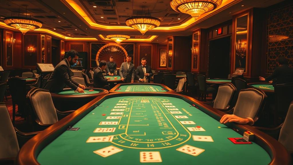 มือของผู้เล่นวางชิปบนโต๊ะบาคาร่าในคาสิโนหรู