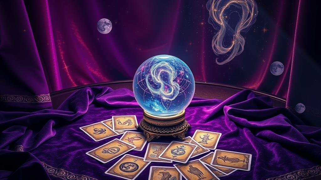 ภาพคนนั่งสมาธิ พลังงานส่องสว่างออกจากหน้าผาก ล้อมรอบด้วยตัวเลขและสัญลักษณ์ดวงดาว