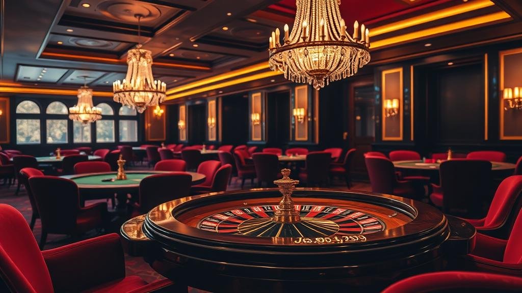 นักพนันโฟกัสหน้าจอเกมสล็อตในห้องคาสิโนหรู