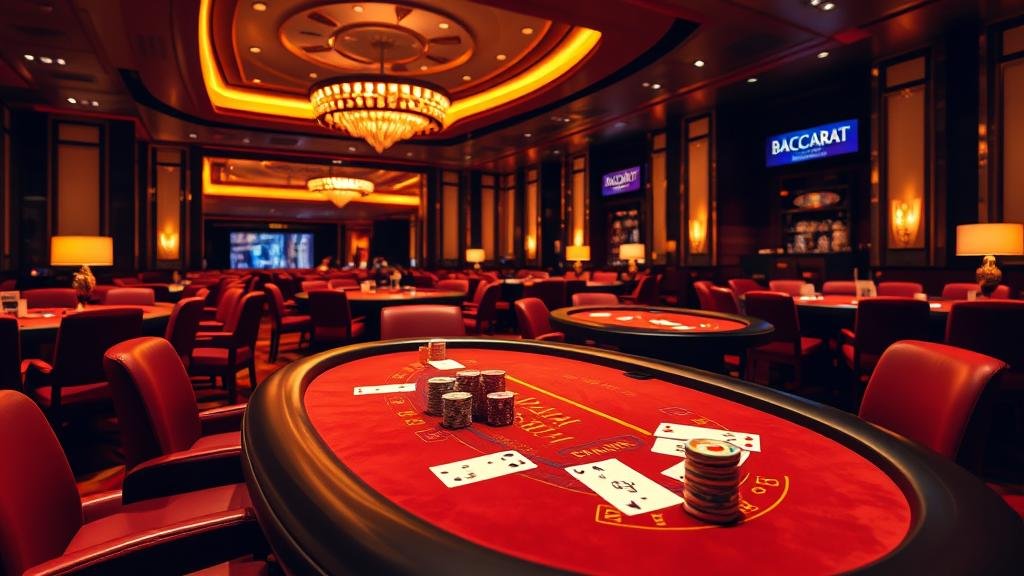 ภาพมือถือไพ่บาคาร่าพร้อมชิปบนโต๊ะคาสิโน