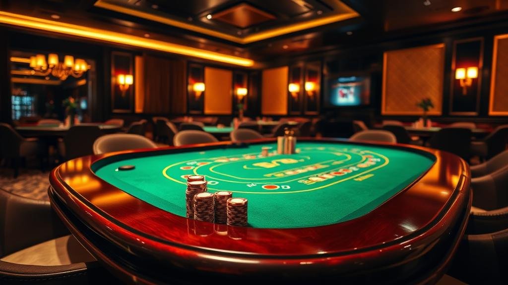 นักพนันกำลังดูไพ่บาคาร่าที่ชนะ พร้อมชิปและดีลเลอร์