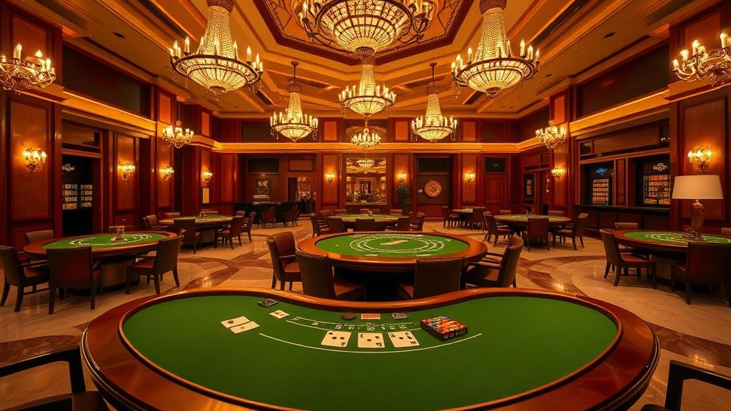 ภาพระยะใกล้ของโต๊ะบาคาร่าพร้อมไพ่และชิป