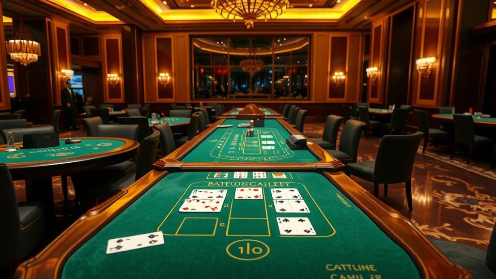 มือถือไพ่บาคาร่าบนโต๊ะคาสิโน